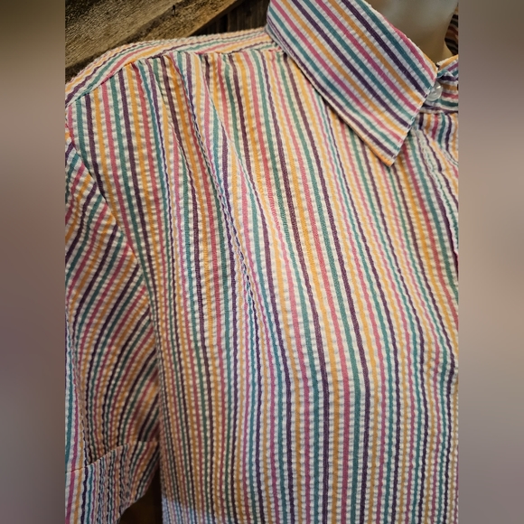 Vintage Rainbow Seersucker Womens Short Sleeve Button Up Medium Boca Bay EUC ^ - Picture 2 of 7